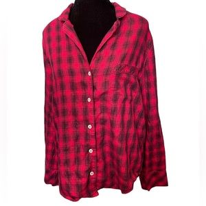 Victoria’s Secret Red Sparkly Metallic Plaid Flannel Festive Holiday Button Top
